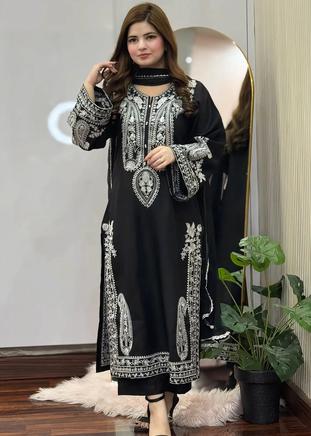 Black Embroidered 3PC Cotton Suit with Chiffon Dupatta
