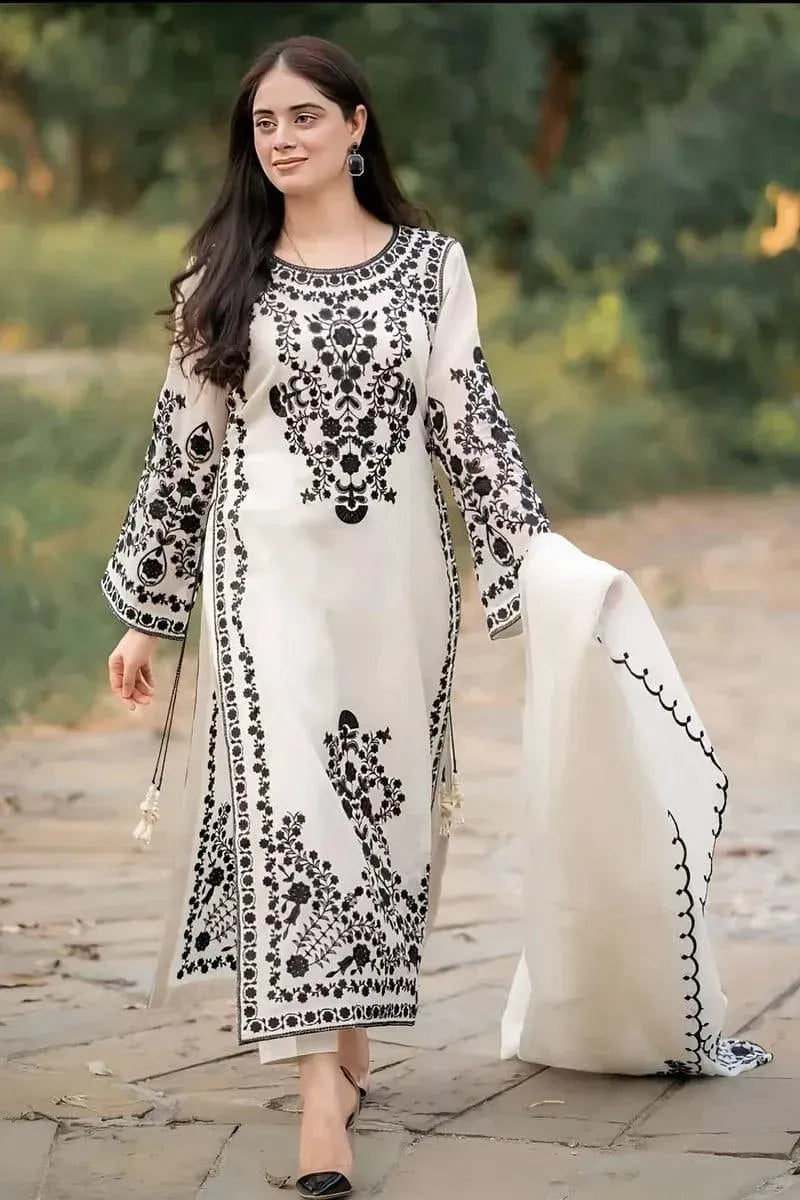 White Embroidered Lawn 3Pcs Set for Women