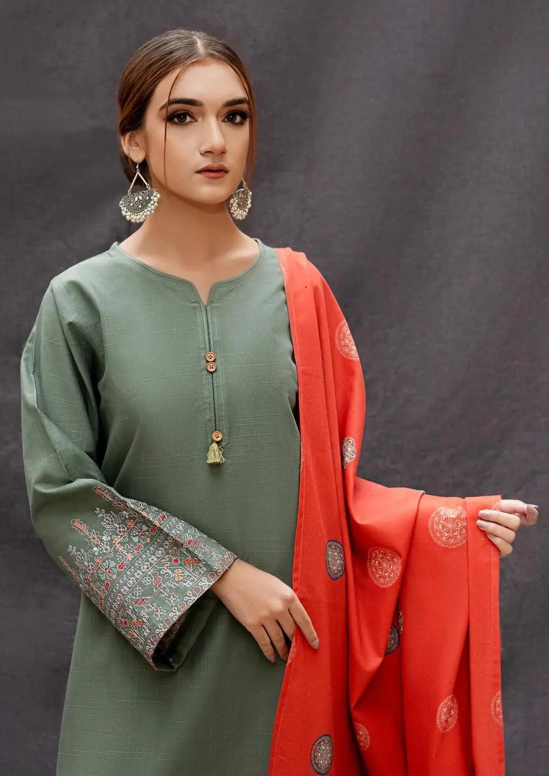 Green Embroidered Lawn 3Pcs Set with Digital Print Dupatta