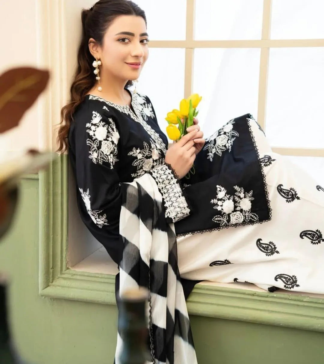 Black Embroidered Pajama Set with Printed Shawl