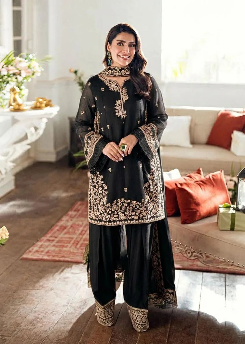 Farshi Shalwar Kameez Black Silk 3Pcs Set