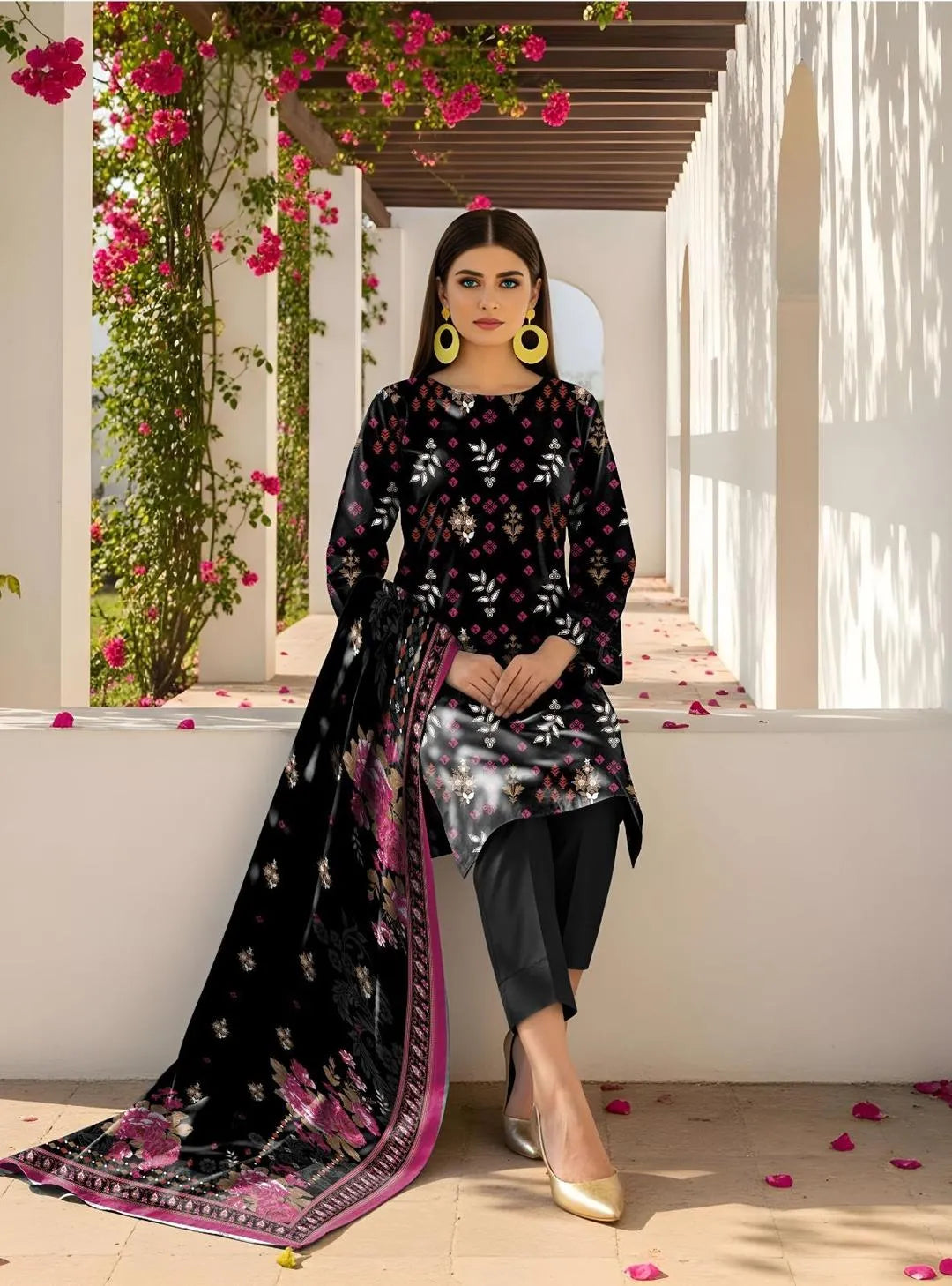 Black Embroidered Kurta Set with Printed Dupatta for Women