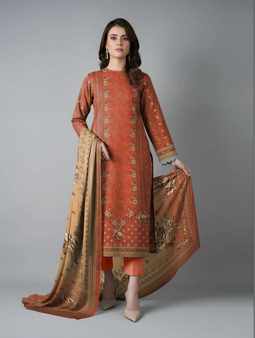 Women's Printed Embroidered Kurta Pajama Set Orange Brown