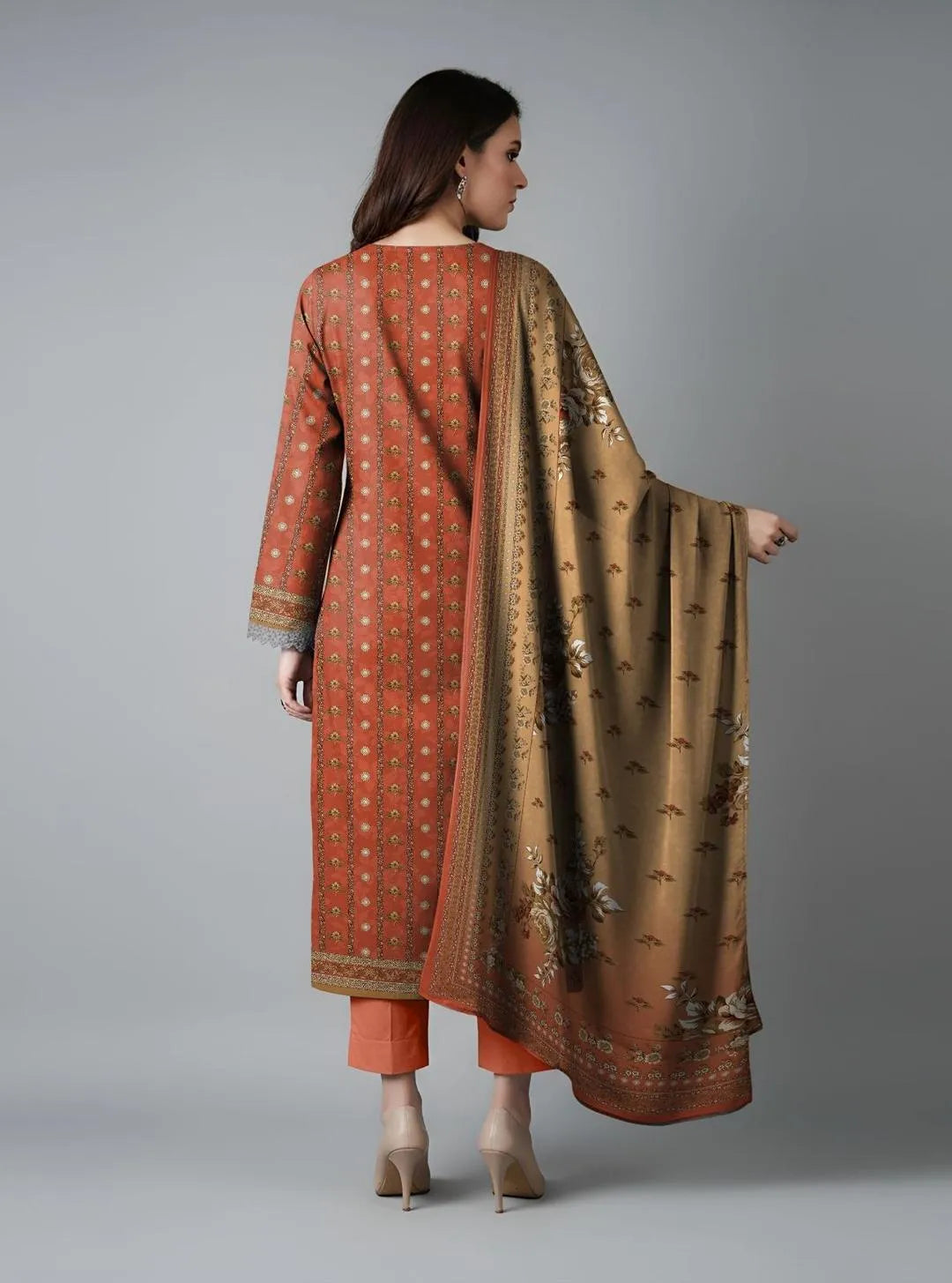 Women's Printed Embroidered Kurta Pajama Set Orange Brown