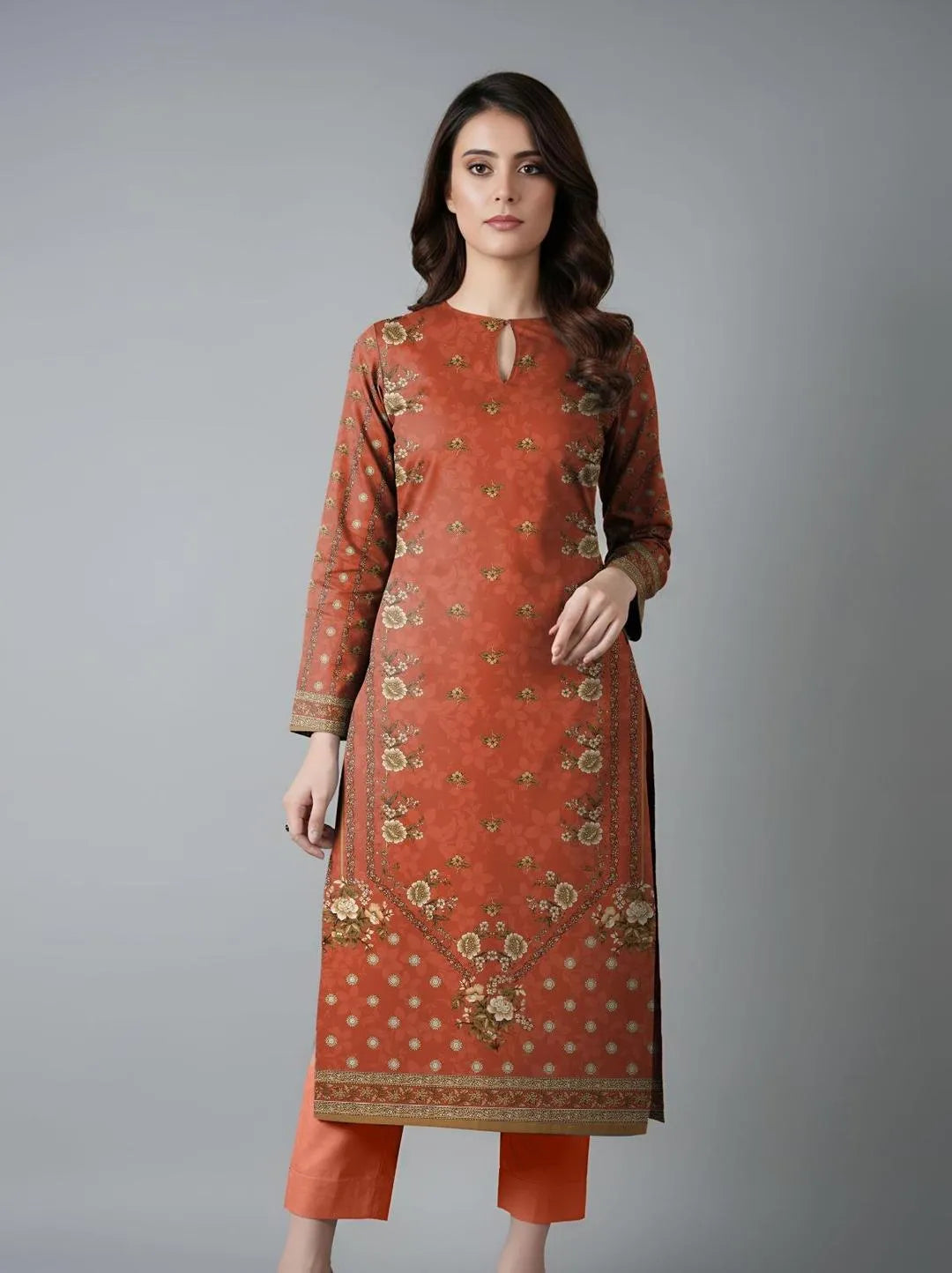 Women's Printed Embroidered Kurta Pajama Set Orange Brown