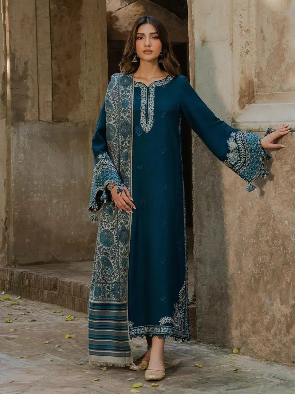 3-Piece Embroidered Lawn Suit Blue for Weddings Eid