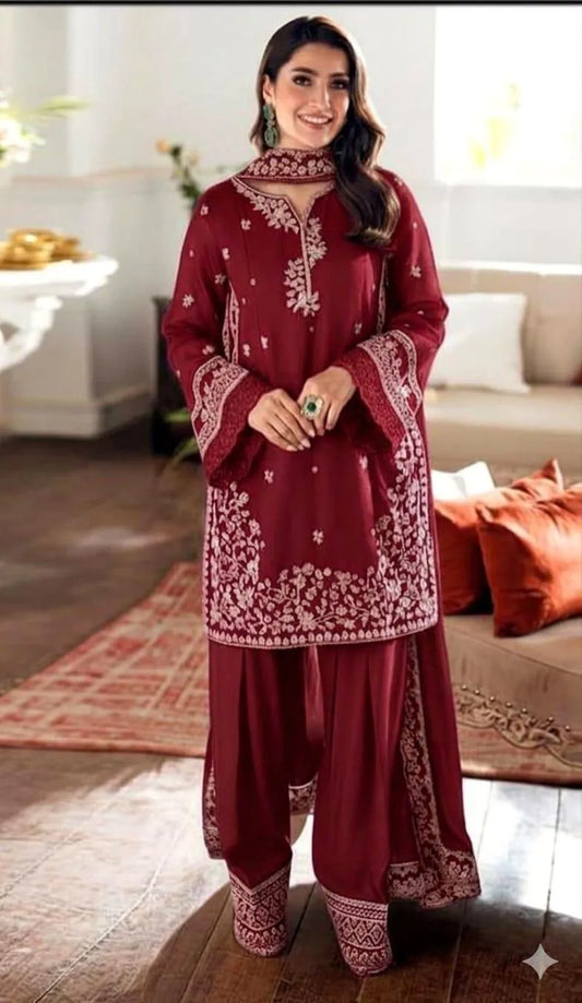 Maroon Embroidered Lawn 3Pcs Set for Women