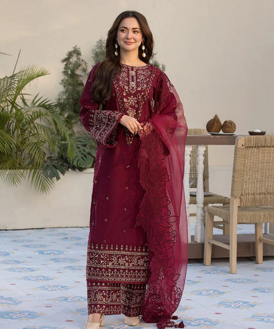 Lawn-3PC Embroidered Shirt with Organza Embroidered Dupatta