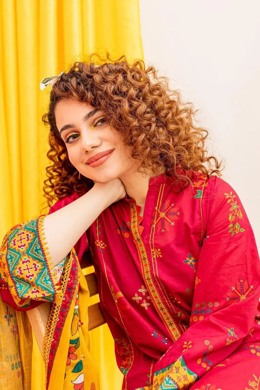 Red Embroidered 3-Piece Dhanak Suit for Women