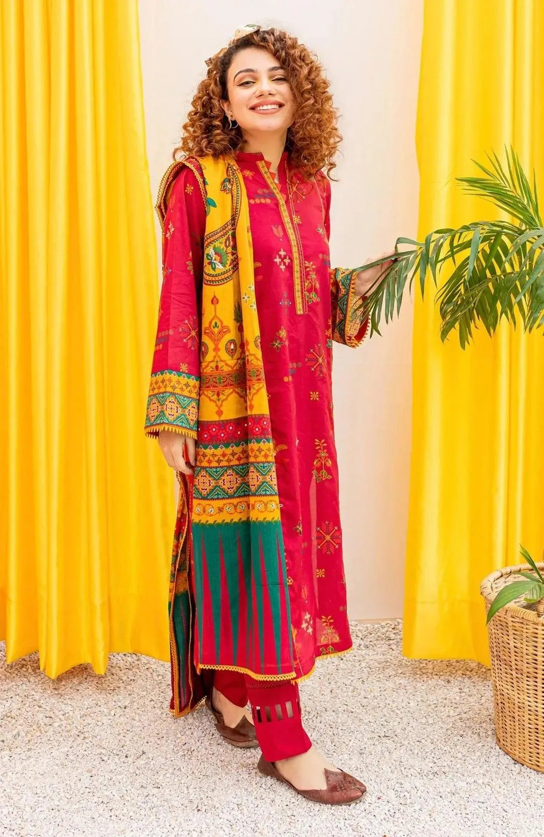 Red Embroidered 3-Piece Dhanak Suit for Women