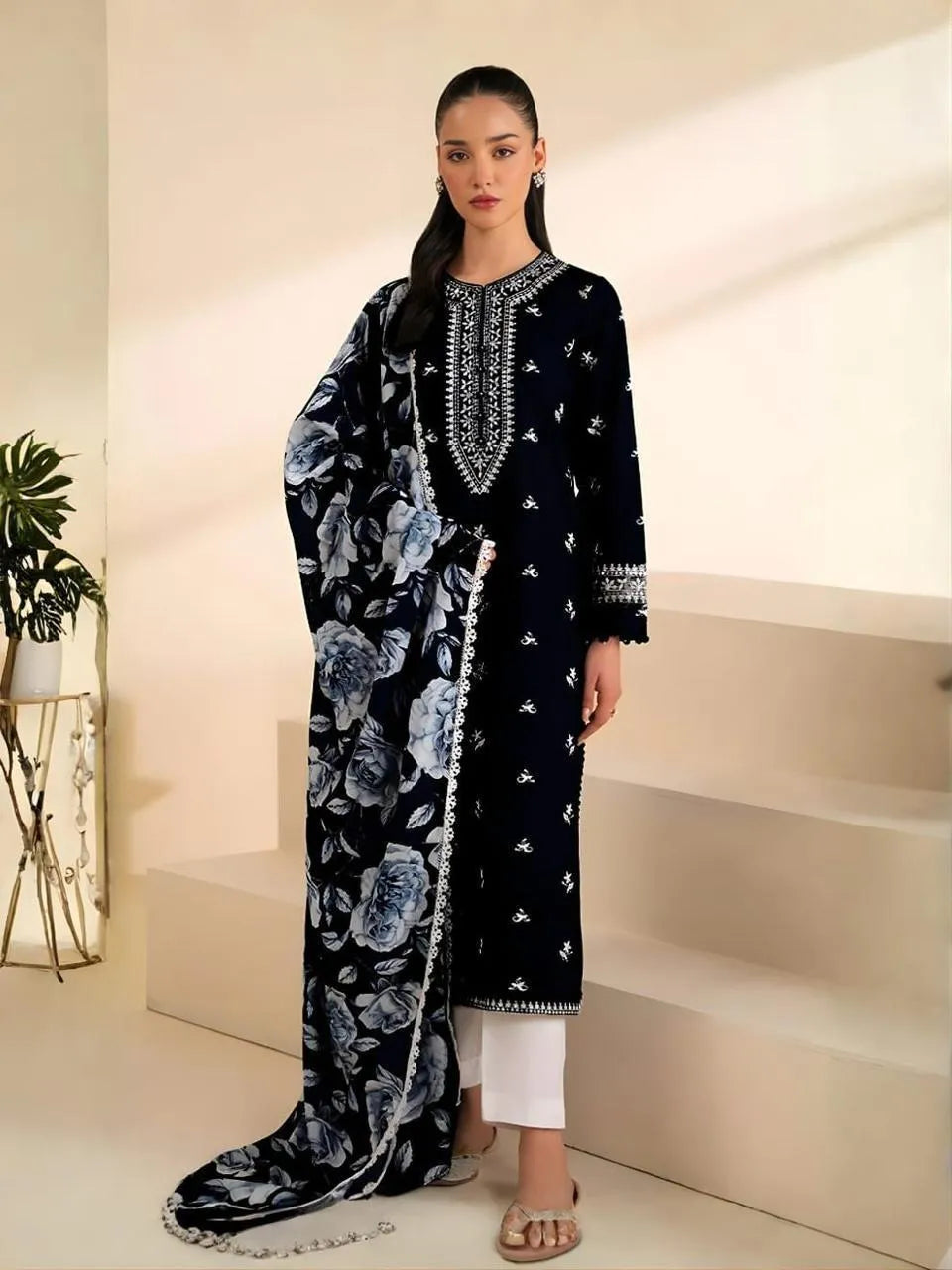 Black Embroidered 3-Piece Lawn Suit for Women