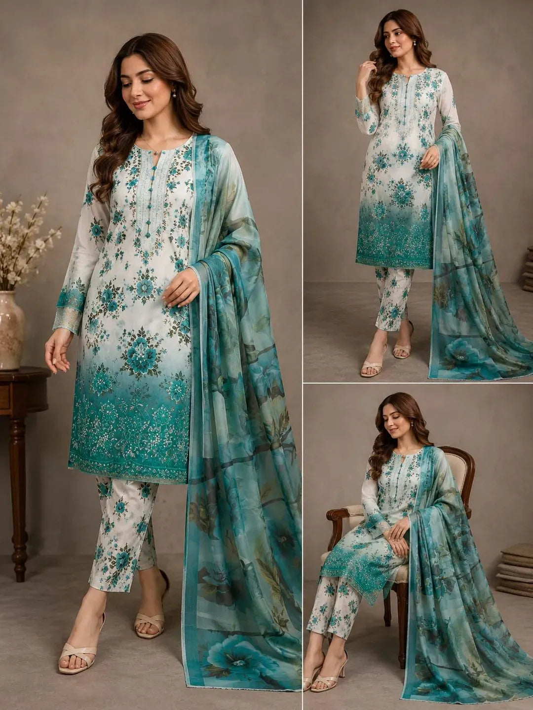 Green Printed Lawn 3Pcs Women Suit Set