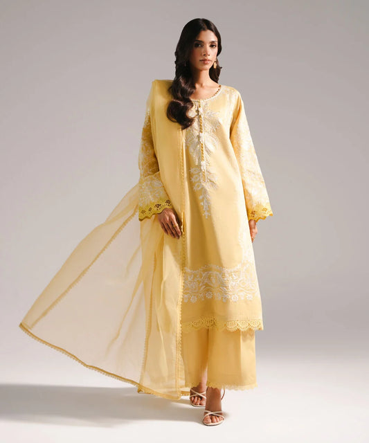 3 Piece - Embroidered Cotton Satin Suit