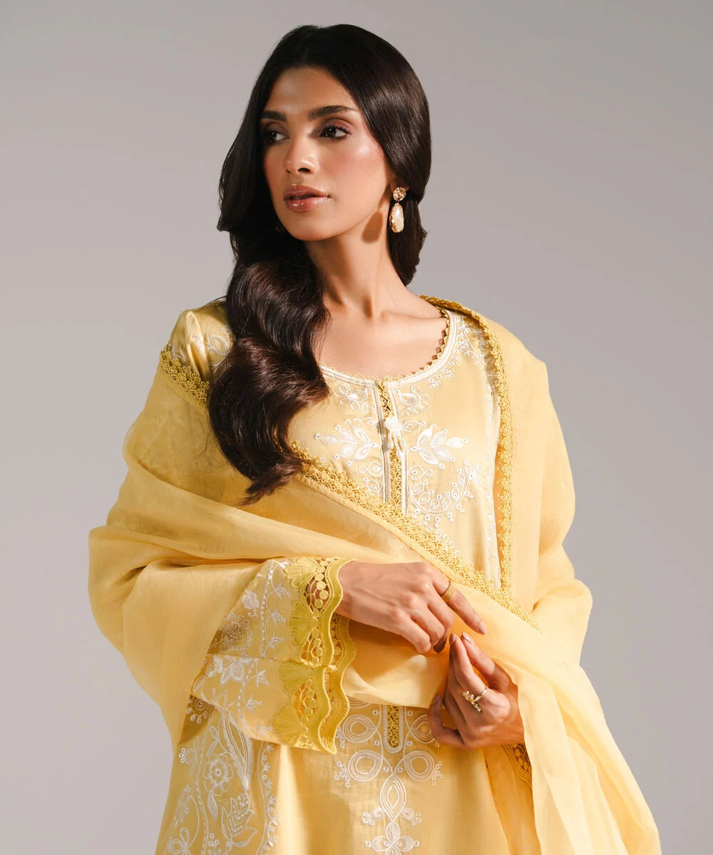 3 Piece - Embroidered Cotton Satin Suit