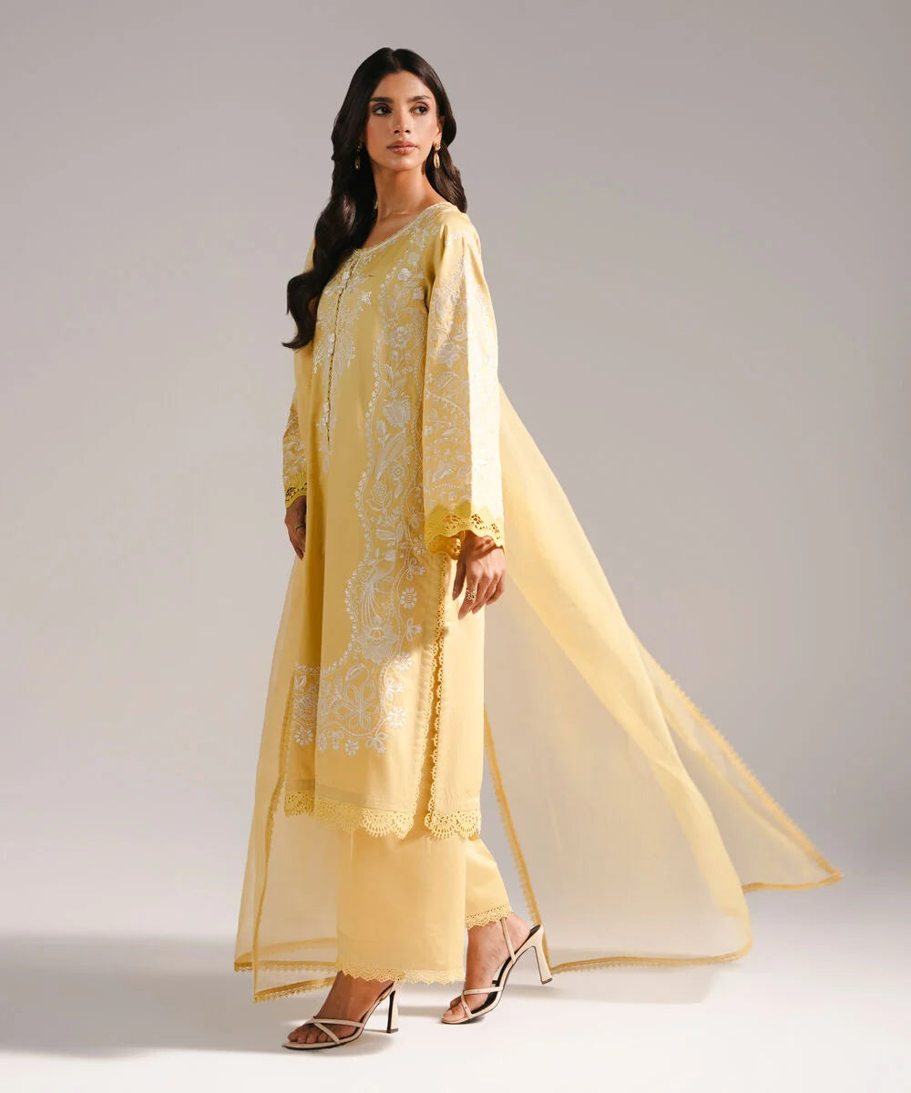 3 Piece - Embroidered Cotton Satin Suit