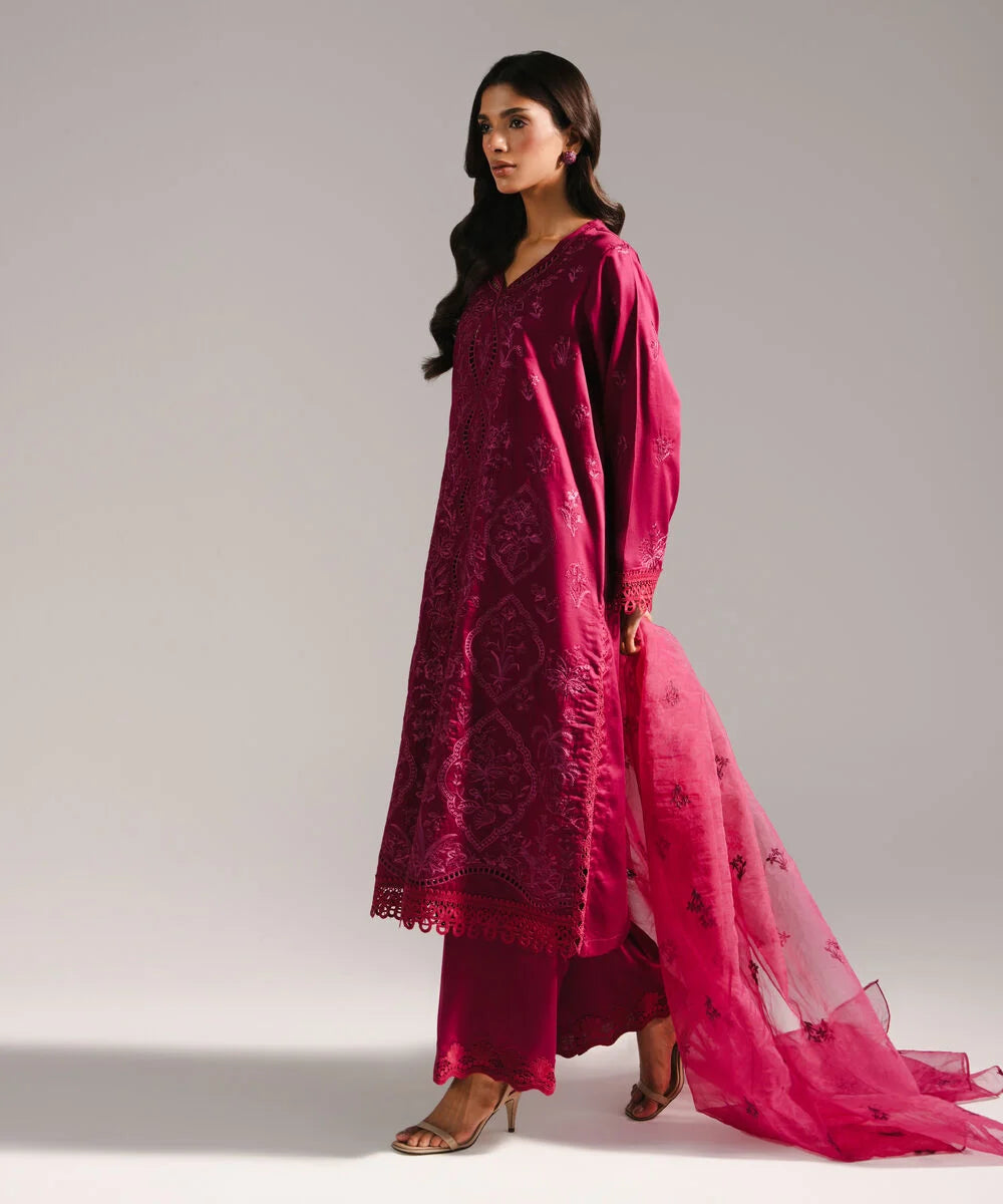 3 Piece - Embroidered Cotton Satin Suit