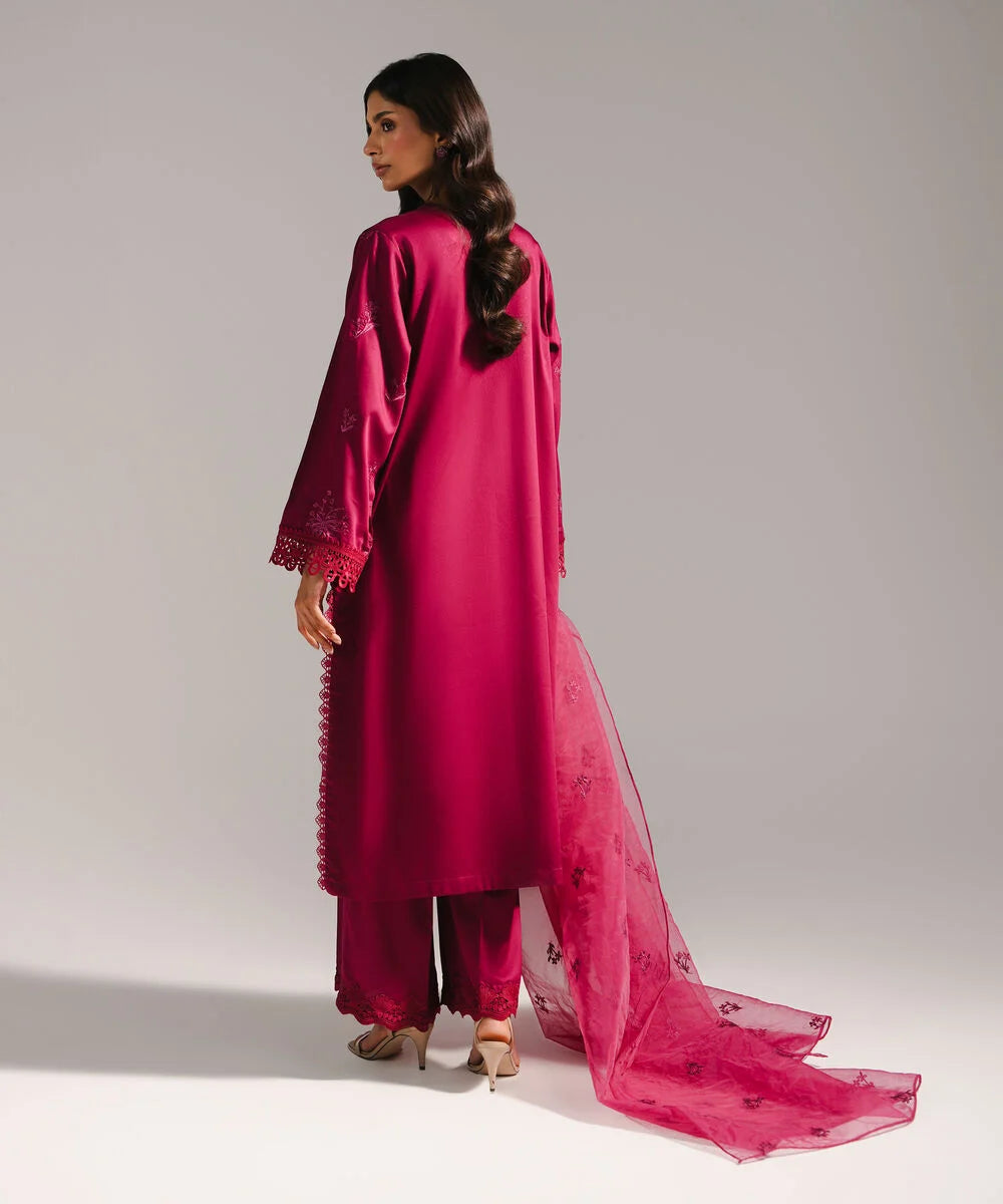 3 Piece - Embroidered Cotton Satin Suit