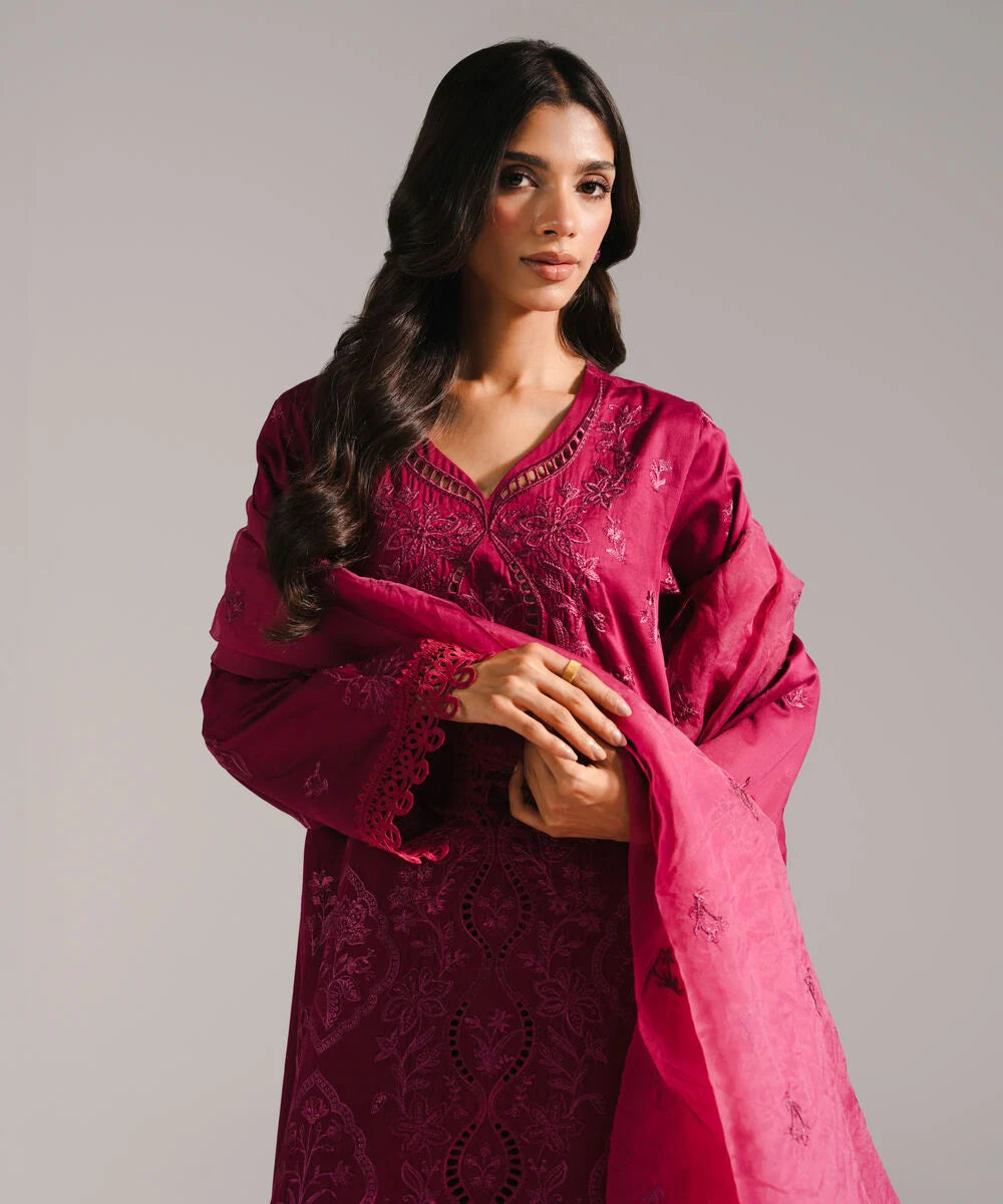 3 Piece - Embroidered Cotton Satin Suit