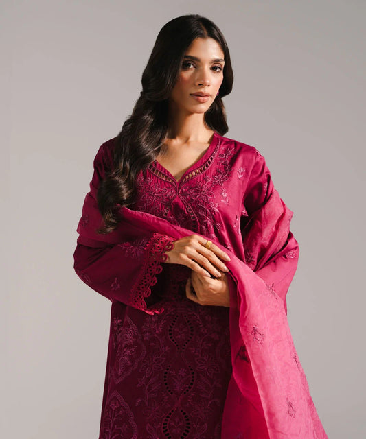3 Piece - Embroidered Cotton Satin Suit