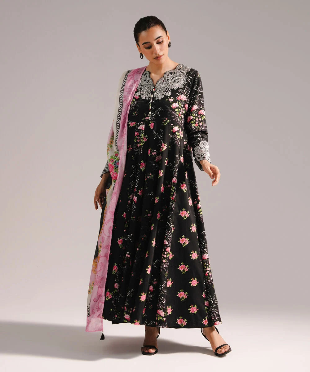 3 Piece - Embroidered Cotton Satin Suit