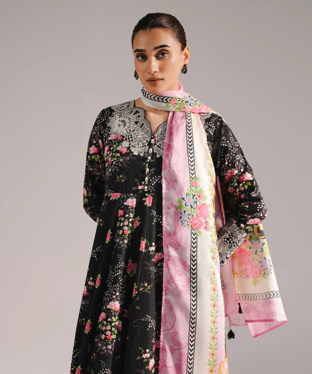 3 Piece - Embroidered Cotton Satin Suit