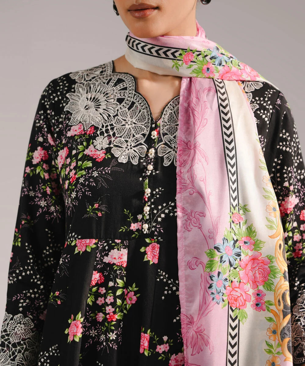3 Piece - Embroidered Cotton Satin Suit