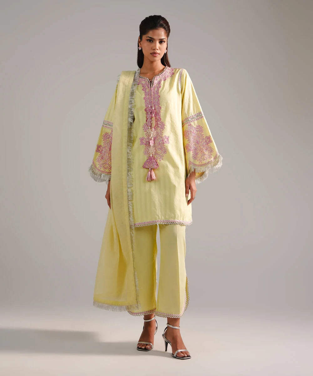 3 Piece - Embroidered Leno Kara Suit