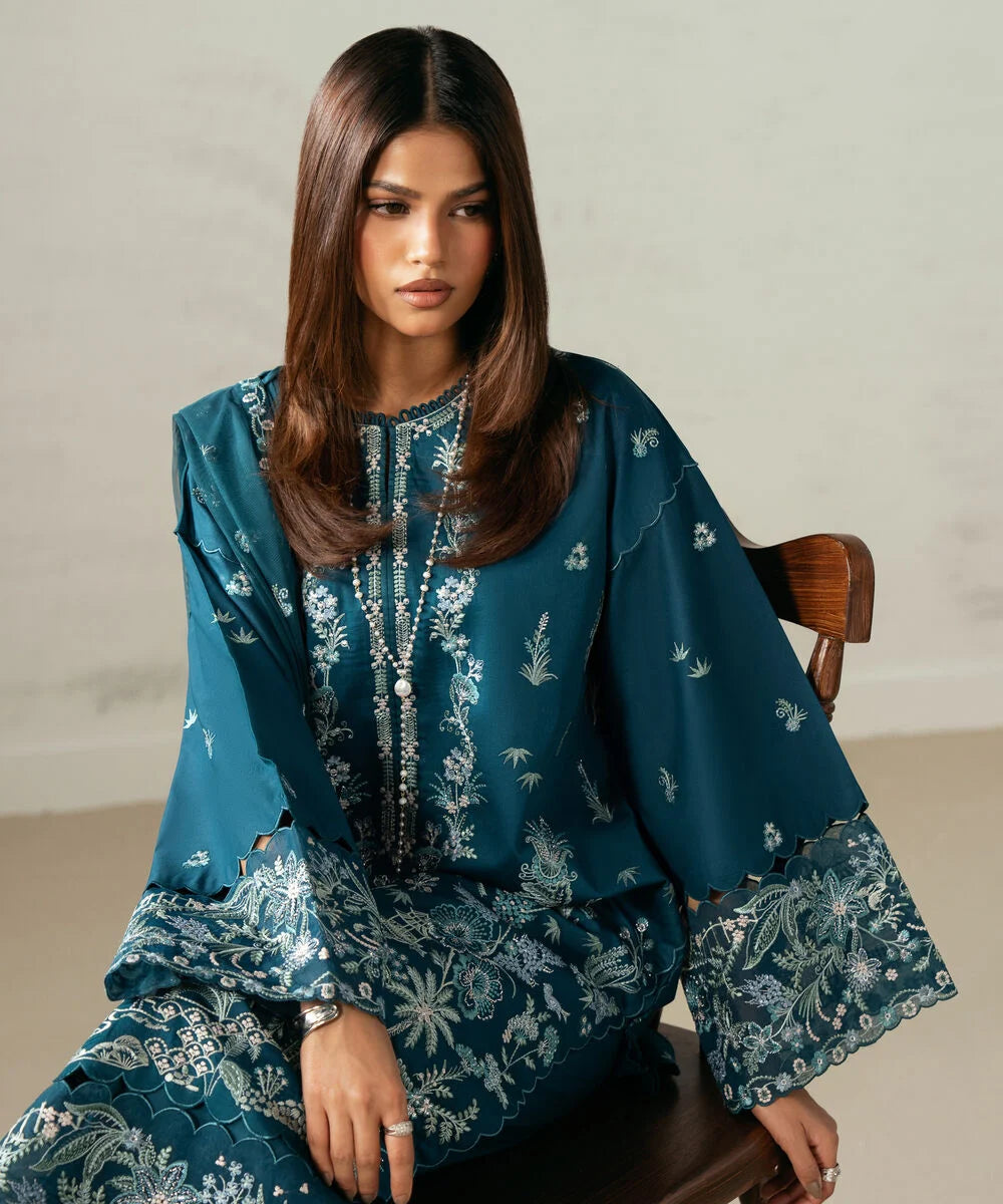 3 Piece - Embroidered Cotton Satin Suit