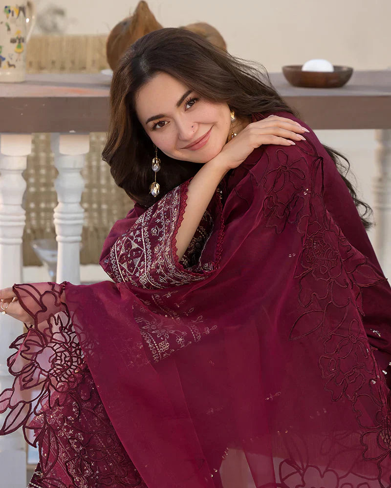 Cotton-3PC Embroidered Shirt with Organza Embroidered Dupatta