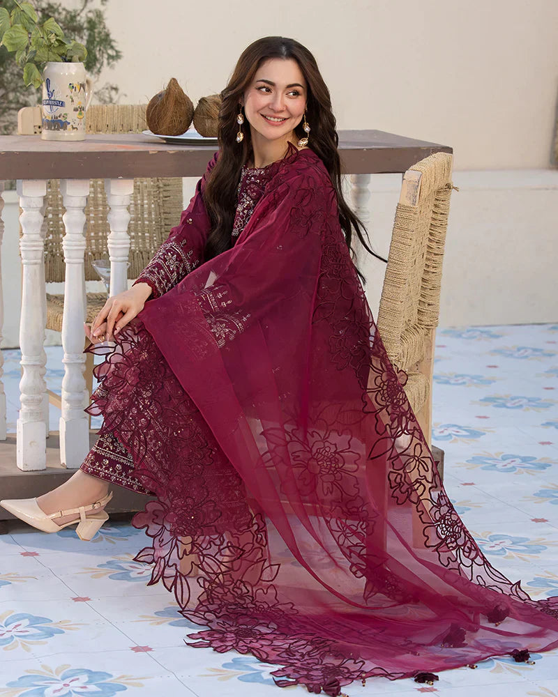 Cotton-3PC Embroidered Shirt with Organza Embroidered Dupatta