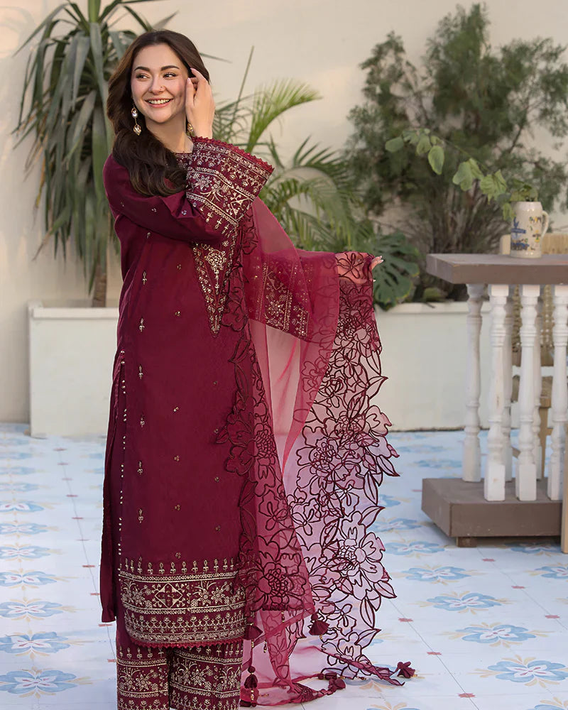 Cotton-3PC Embroidered Shirt with Organza Embroidered Dupatta