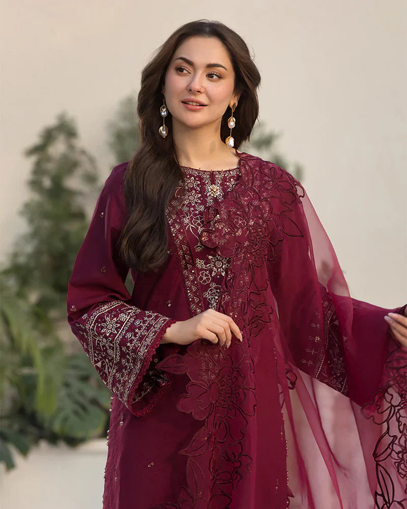 Cotton-3PC Embroidered Shirt with Organza Embroidered Dupatta