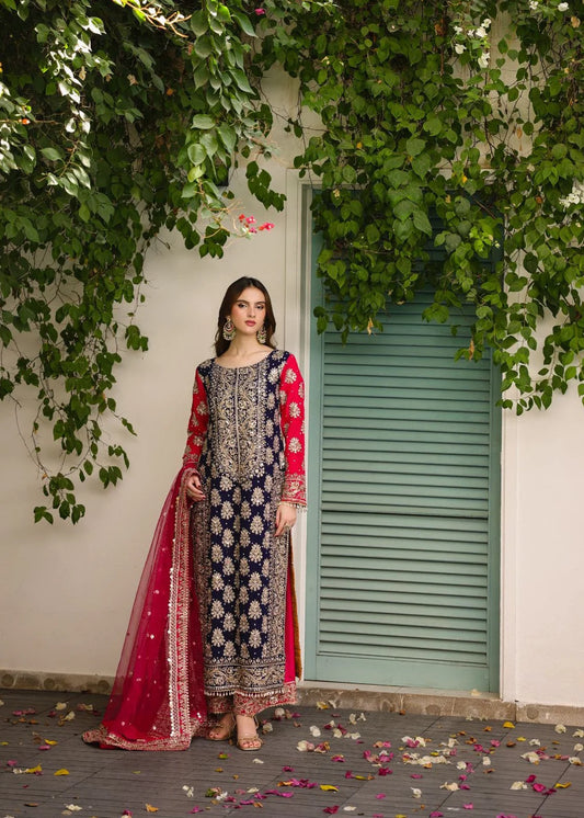 3 piece Chiffon Embroidered Raw Silk