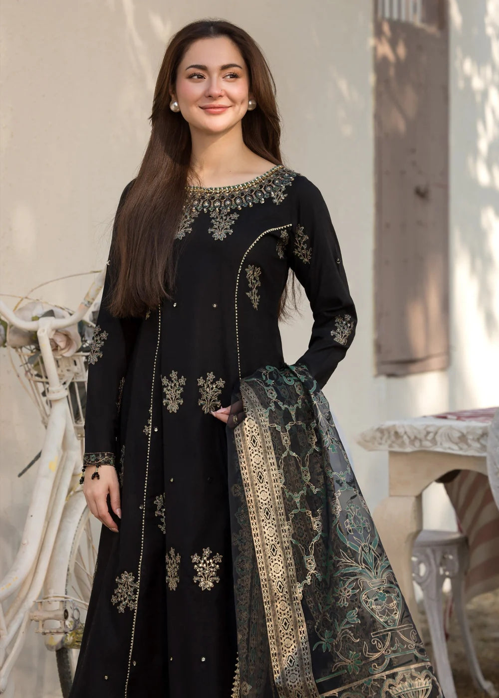 3PC Jacquard Long Frock with Organza Embroidered Dupatta
