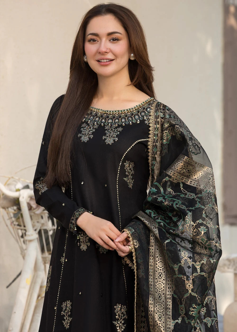 3PC Jacquard Long Frock with Organza Embroidered Dupatta