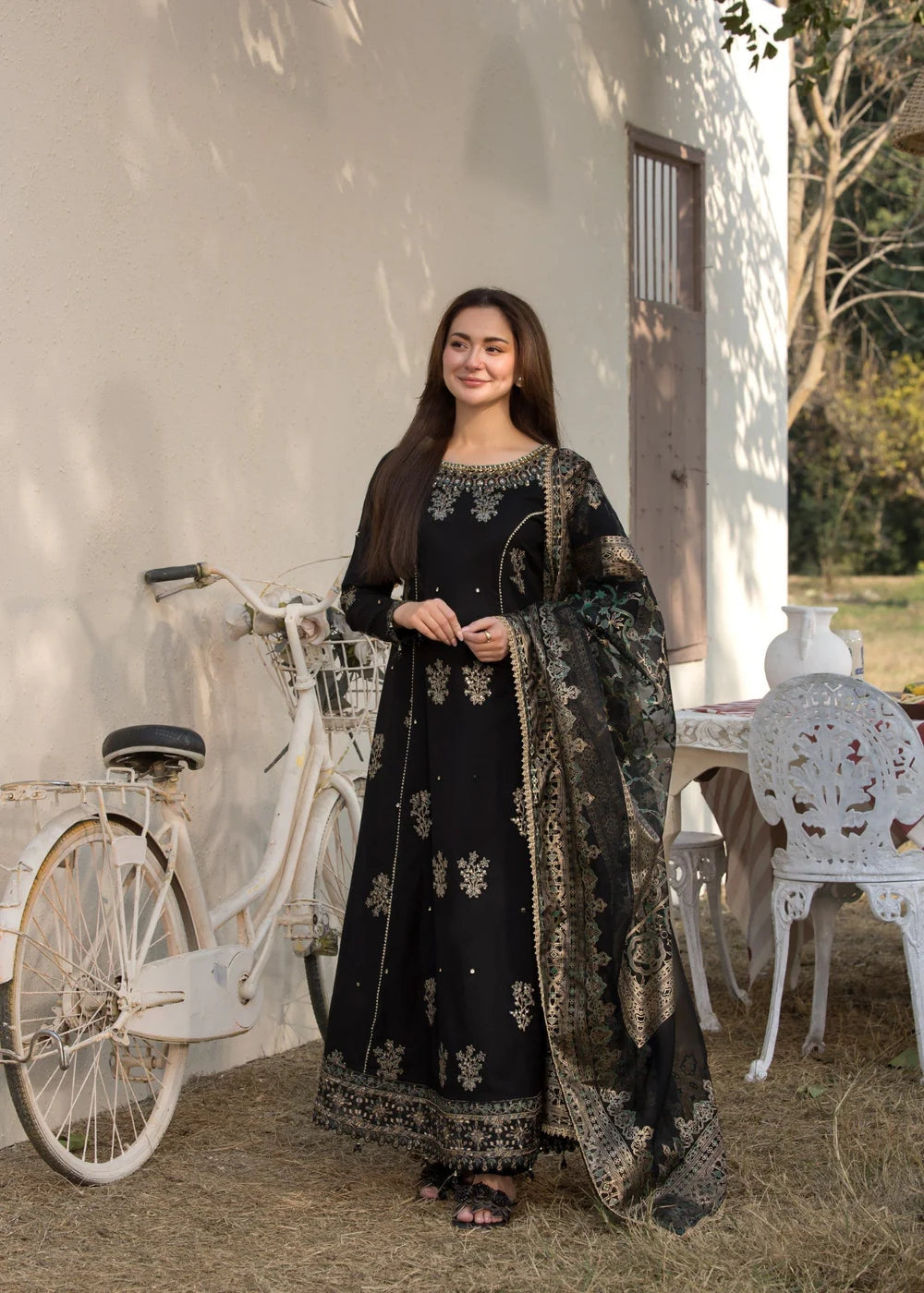 3PC Jacquard Long Frock with Organza Embroidered Dupatta