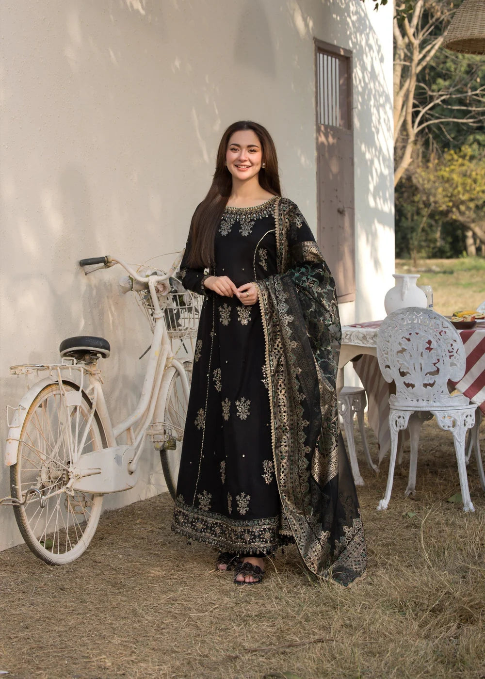 3PC Jacquard Long Frock with Organza Embroidered Dupatta