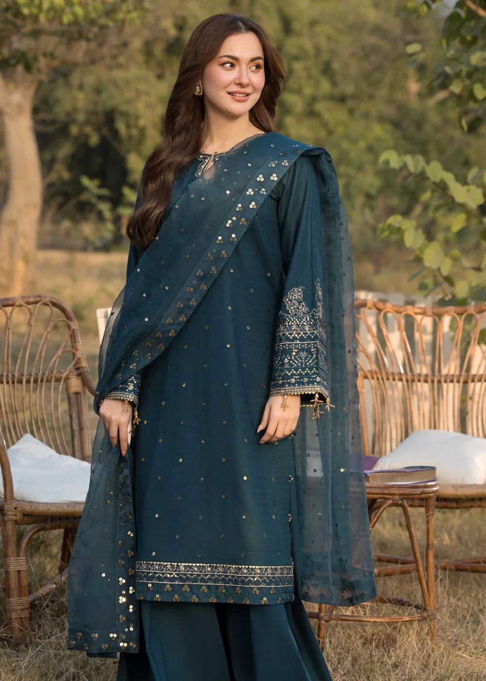 Cotton-3PC Embroidered Shirt with Organza Embroidered Dupatta