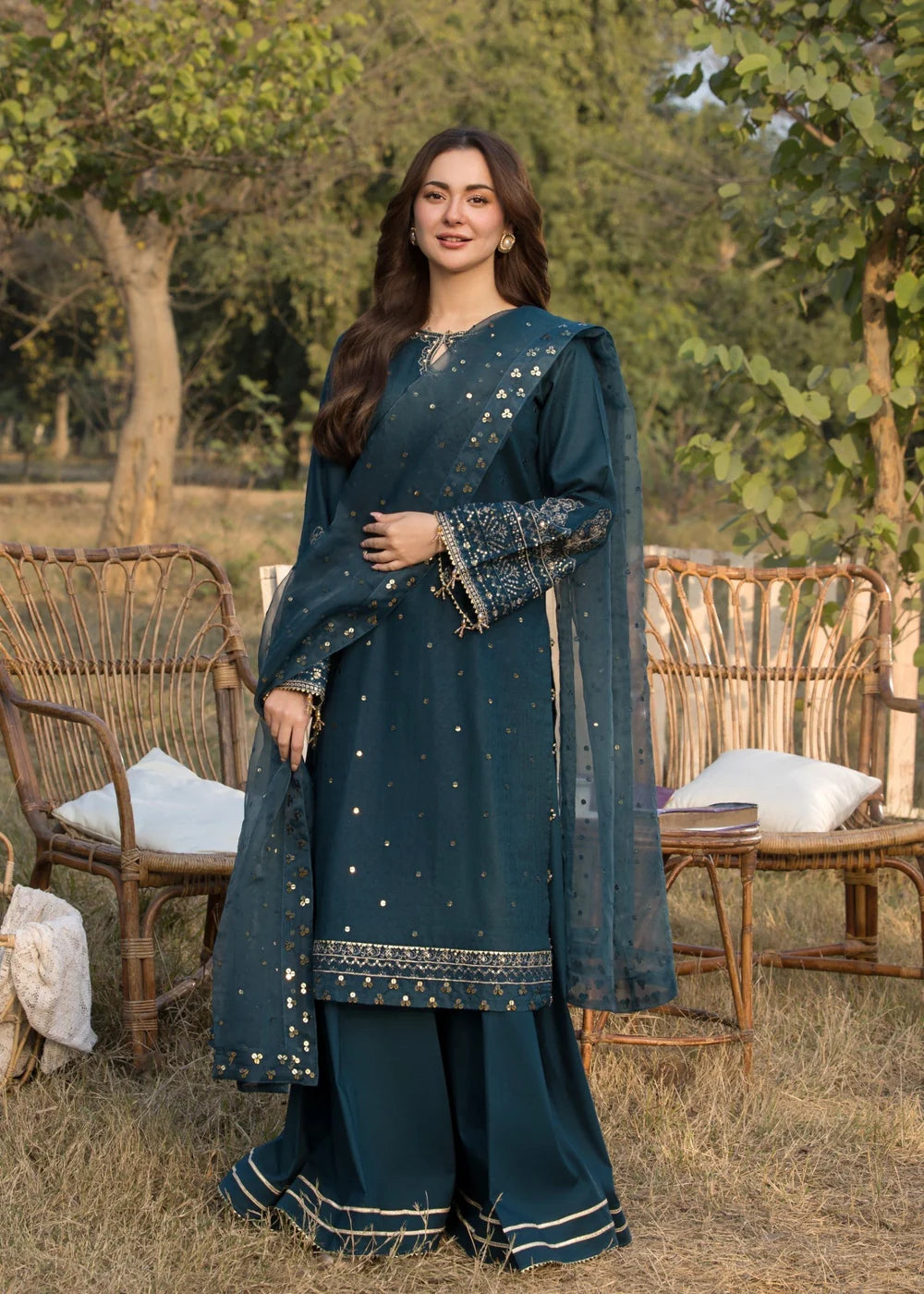 Cotton-3PC Embroidered Shirt with Organza Embroidered Dupatta