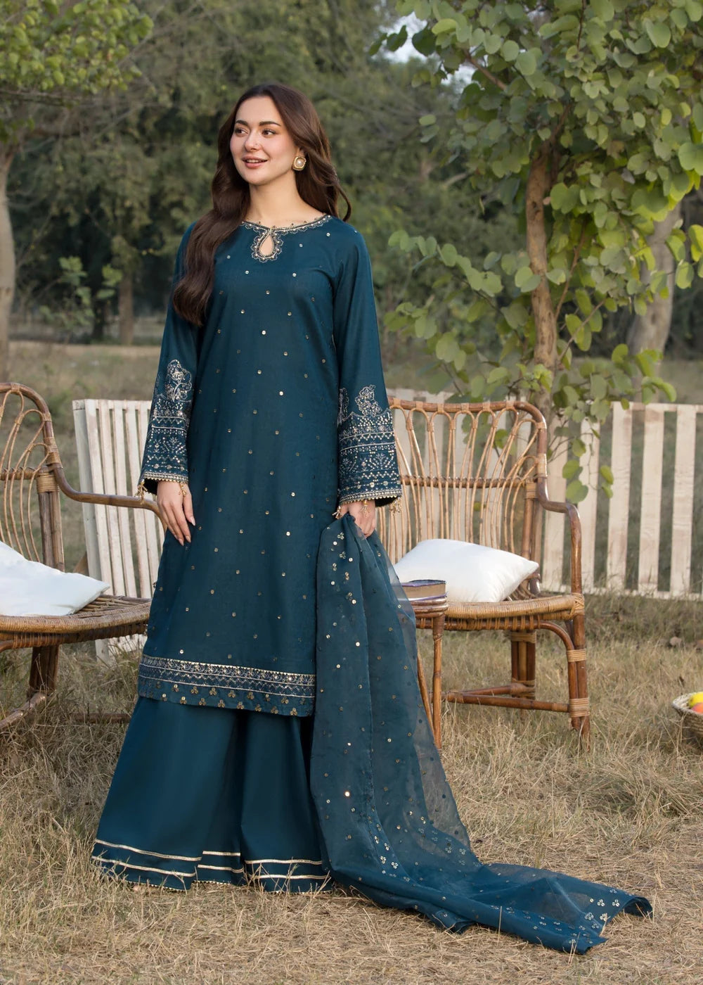 Cotton-3PC Embroidered Shirt with Organza Embroidered Dupatta
