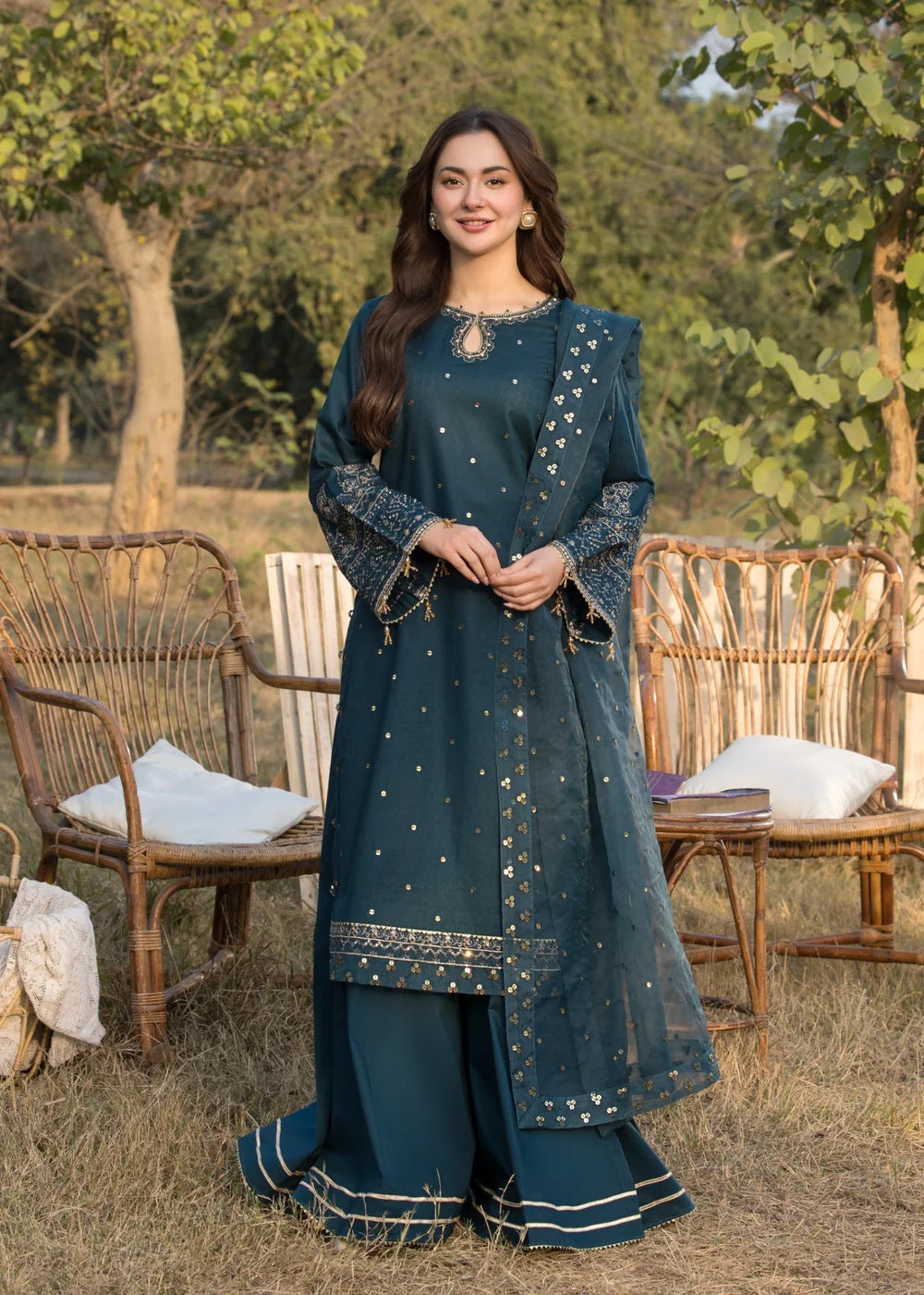 Cotton-3PC Embroidered Shirt with Organza Embroidered Dupatta
