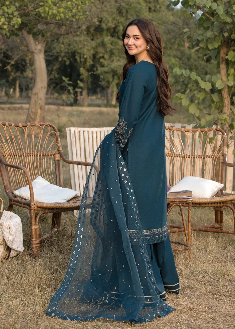 Cotton-3PC Embroidered Shirt with Organza Embroidered Dupatta