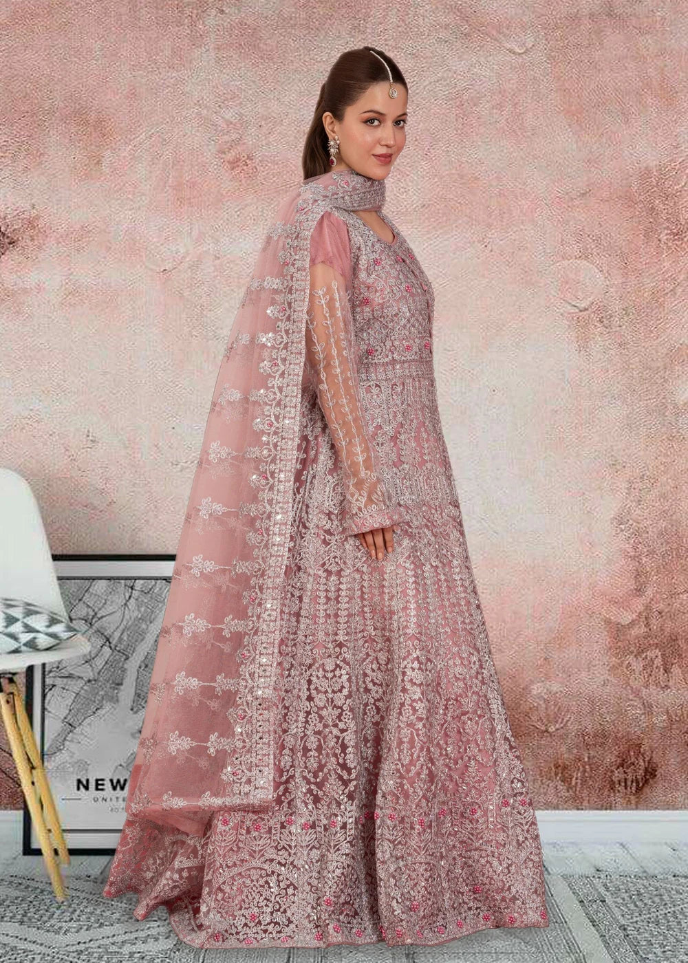 3-PC Kattan silk Embroidered Flared maxi Women's Dress