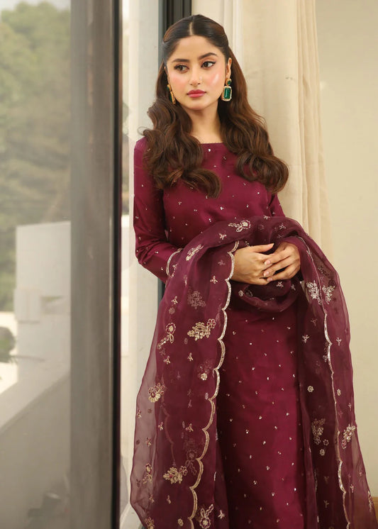 Silk-3PC Embroidered Shirt with Organza Embroidered Dupatta
