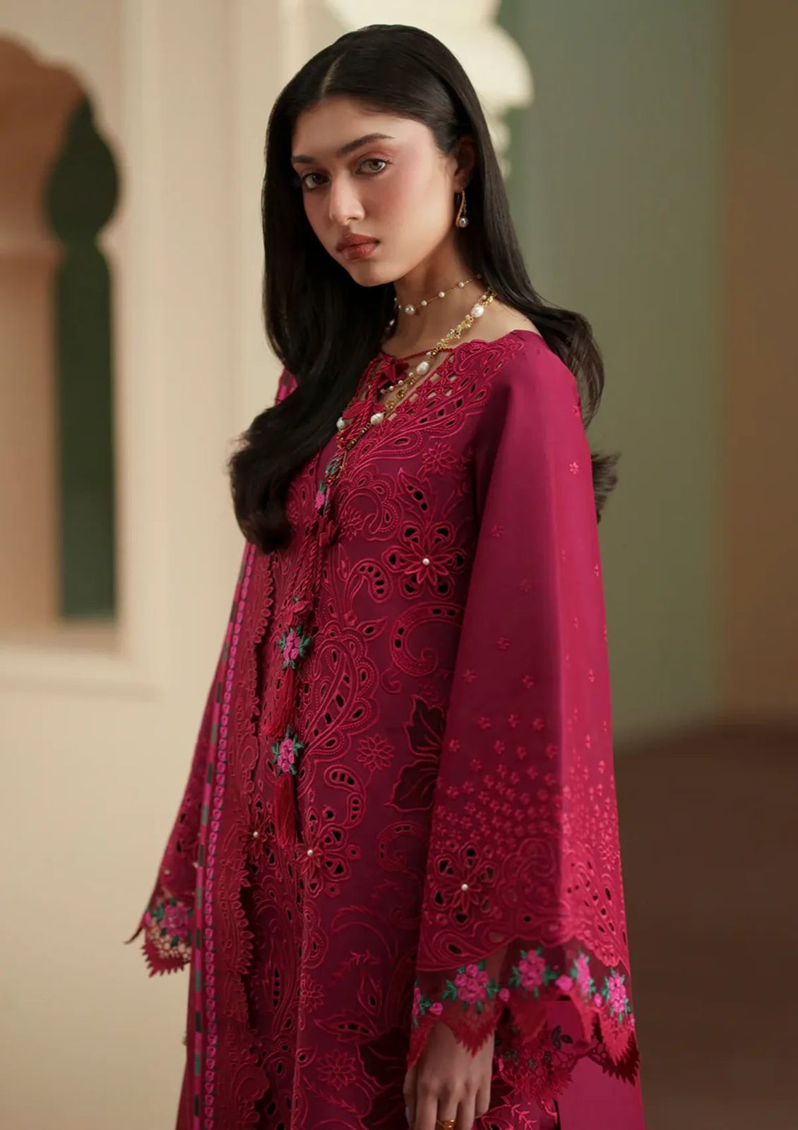 Bin Ilyas Premium Embroidered Chikankari Suit in Two Color Red and Beige with Khaddi Net Dupatta