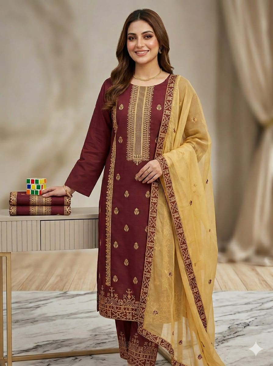 3PIECE Luxury Embroidered Cotton Collection with Chiffon embroidered duppatta