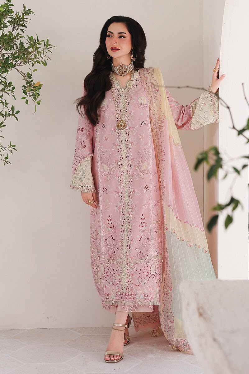 Qalamkar Premium Cotton Chickenkari 3PC Ensemble - Digital Print Net Dupatta