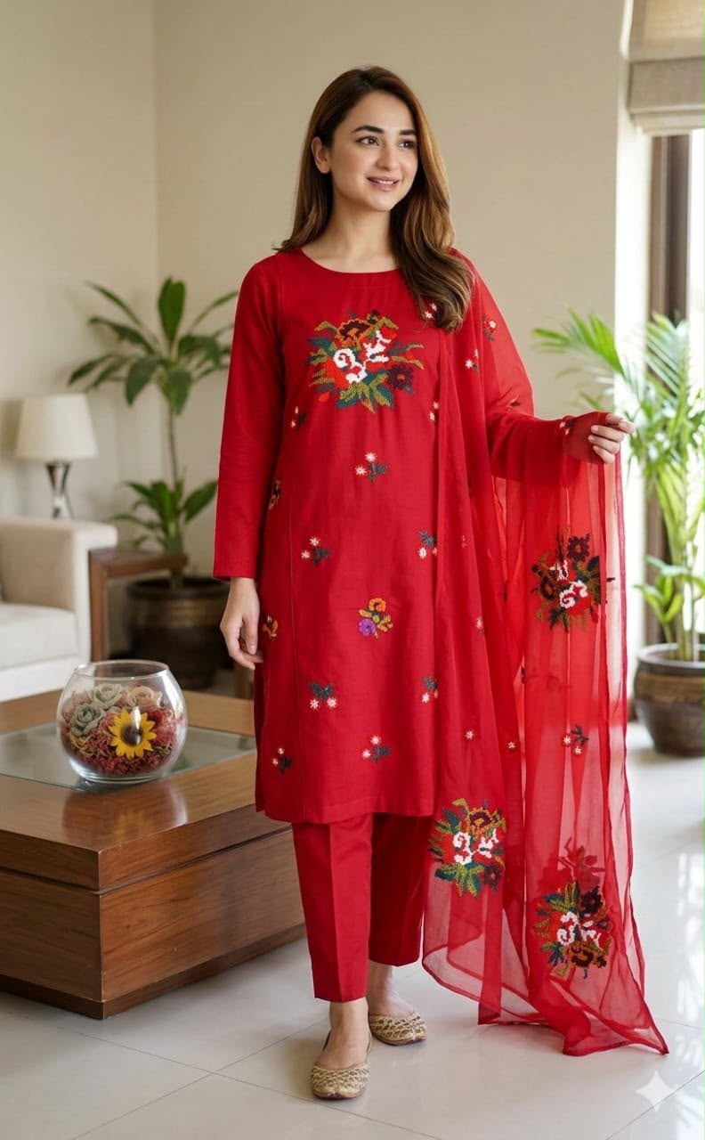3PIECE Embroidered Summer Collection with Chiffon Dupatta