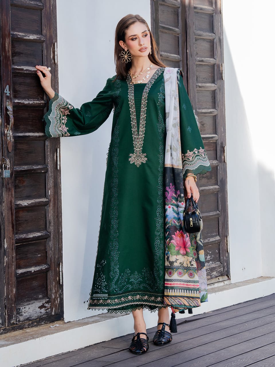 Izel Premium Embroidered 3-Piece Lawn Suit available in two color Red and Green - Signature Edit