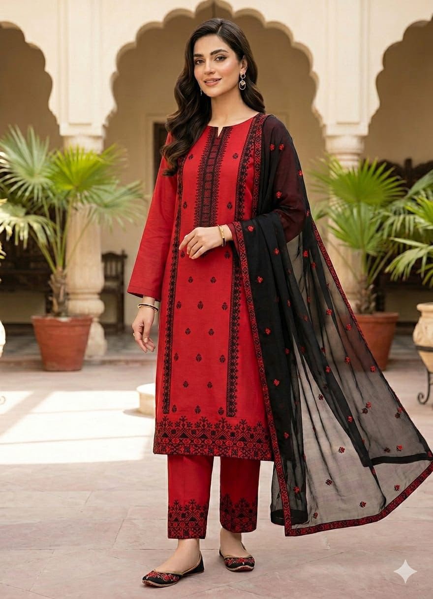3PIECE Luxury Embroidered Cotton Collection with Chiffon embroidered duppatta